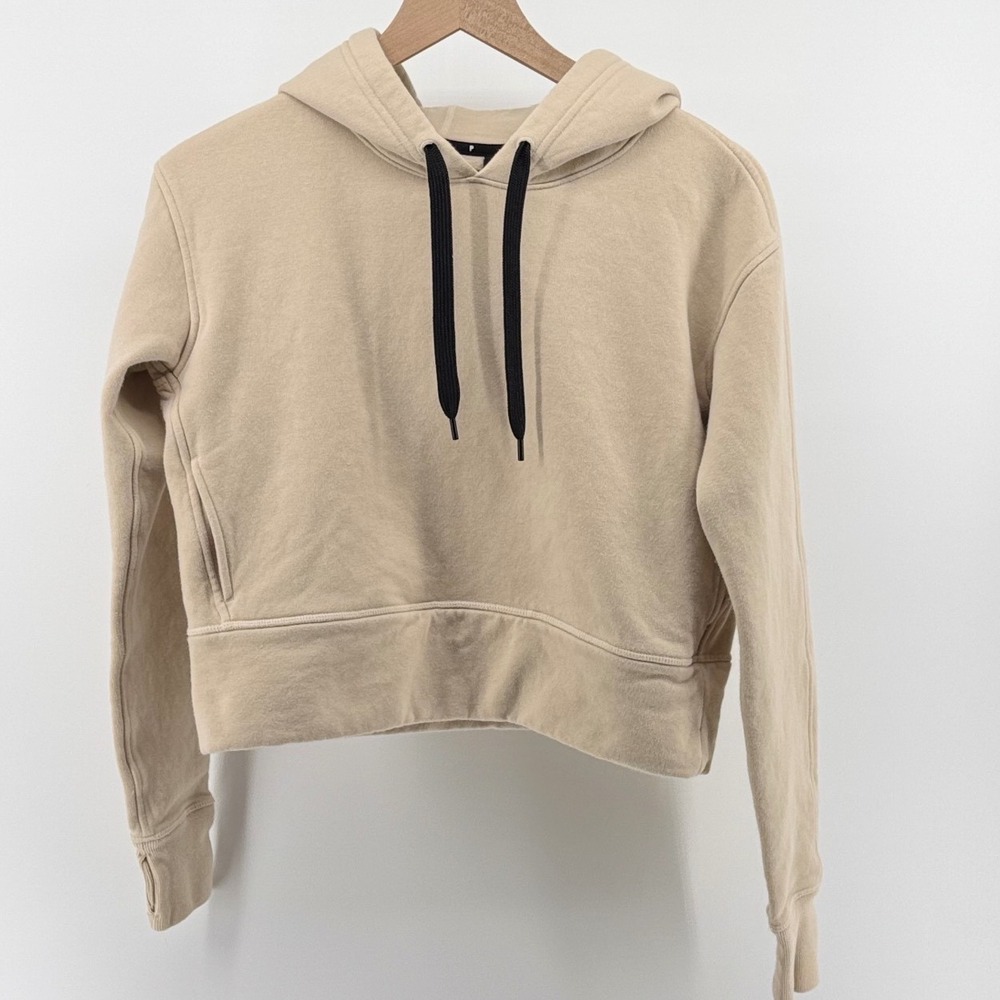 Public‎ Rec Luxe Copped Fleece Pullover Hoodie Women Small Ivory Thumbhole Cozy